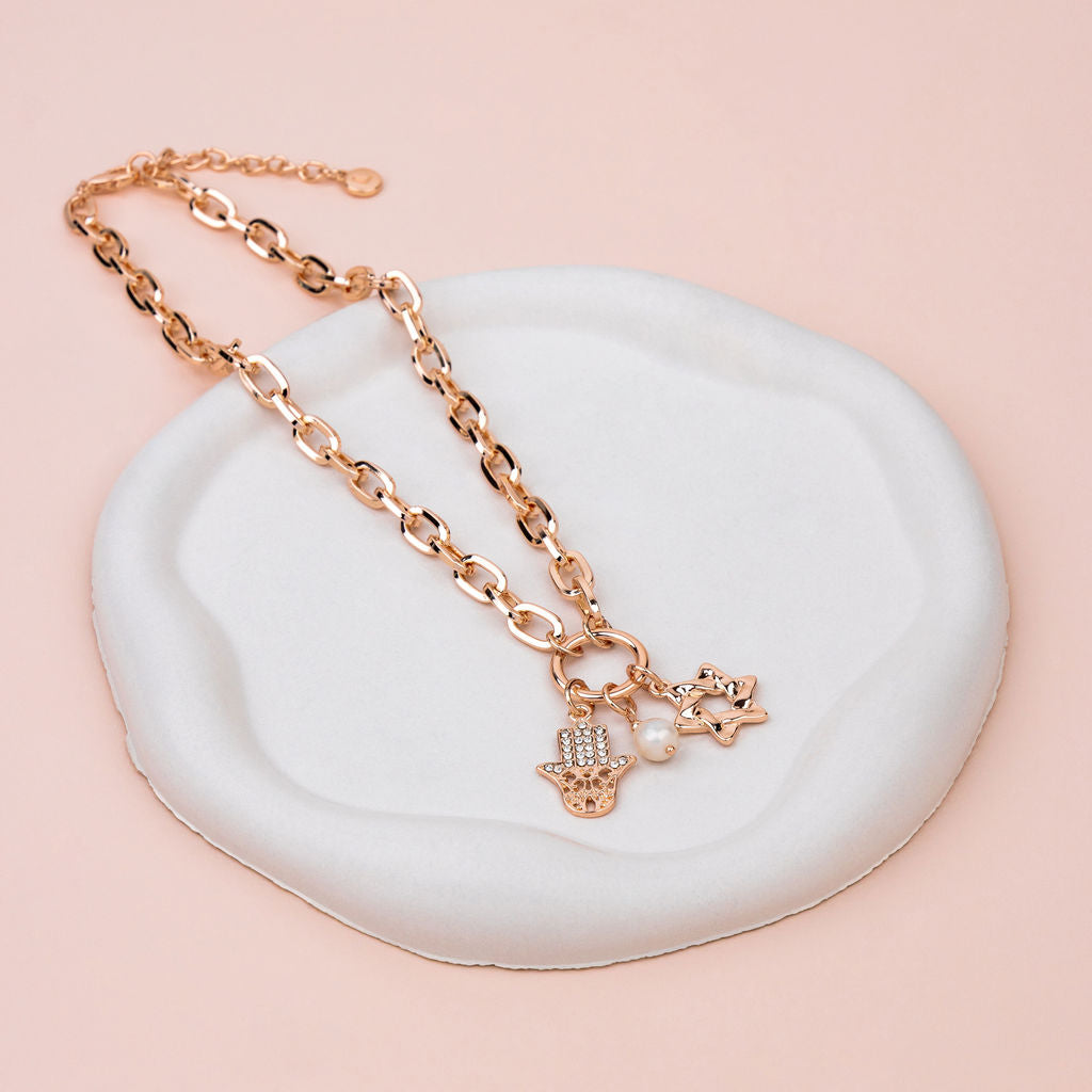 SHORT | Rose Gold Hamsa Hand and Star Charm Necklace