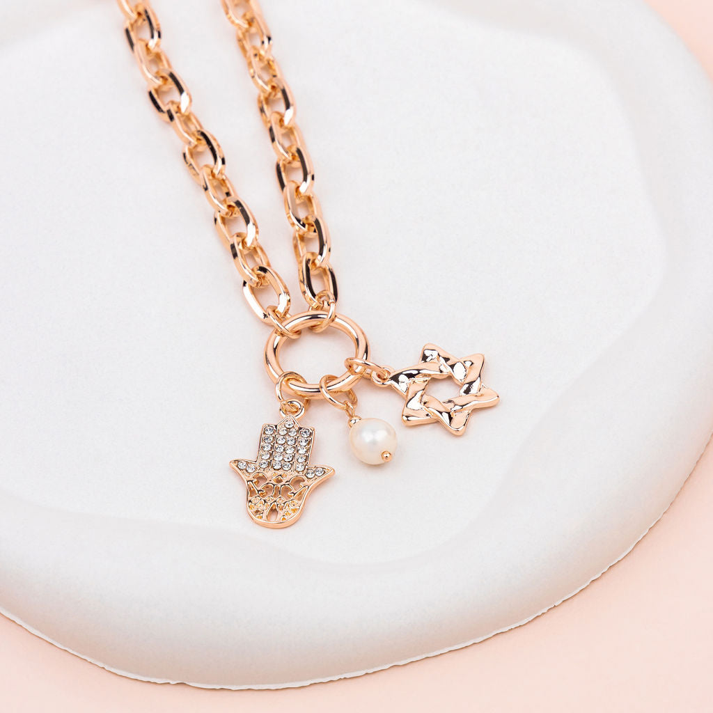 SHORT | Rose Gold Hamsa Hand and Star Charm Necklace