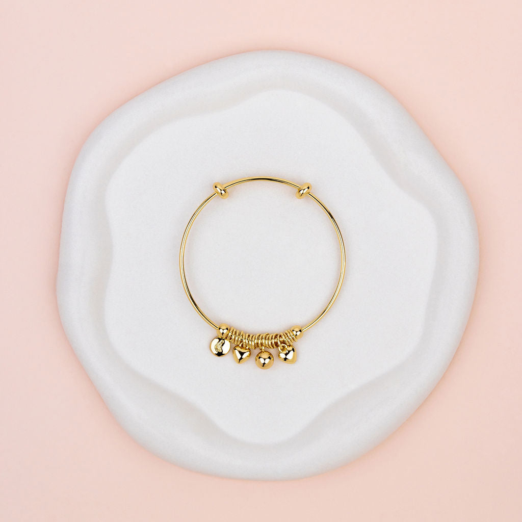 Yellow Gold Heart & Disc Charm Bangle
