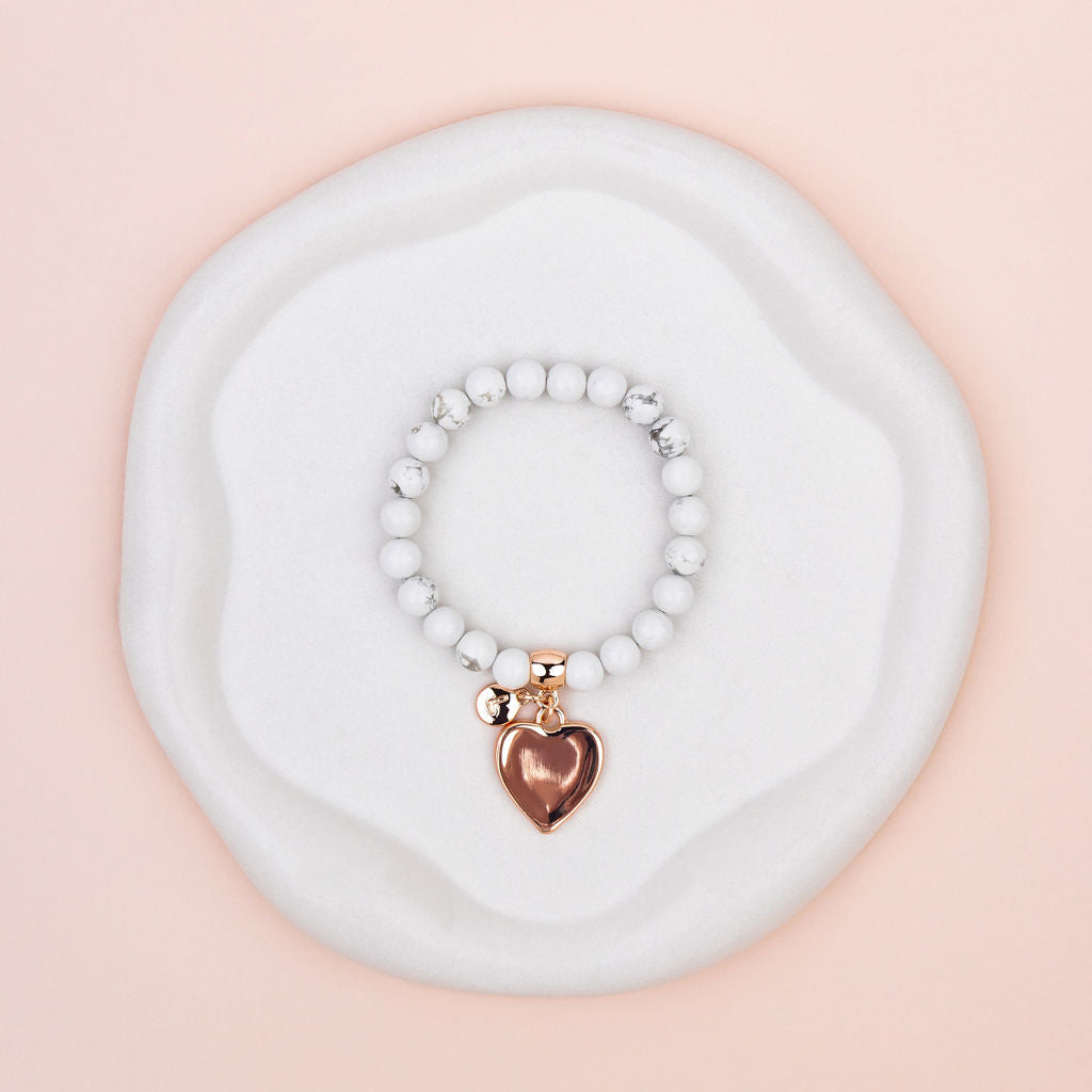 Howlite Stone with Rose Gold Heart Pendant Bracelet