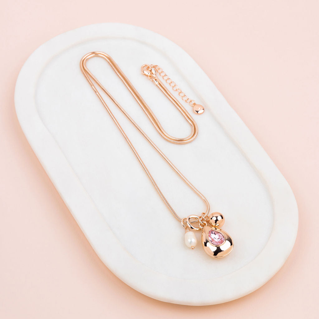 Rose Gold Pink Tear Drop Pendant Long Necklace