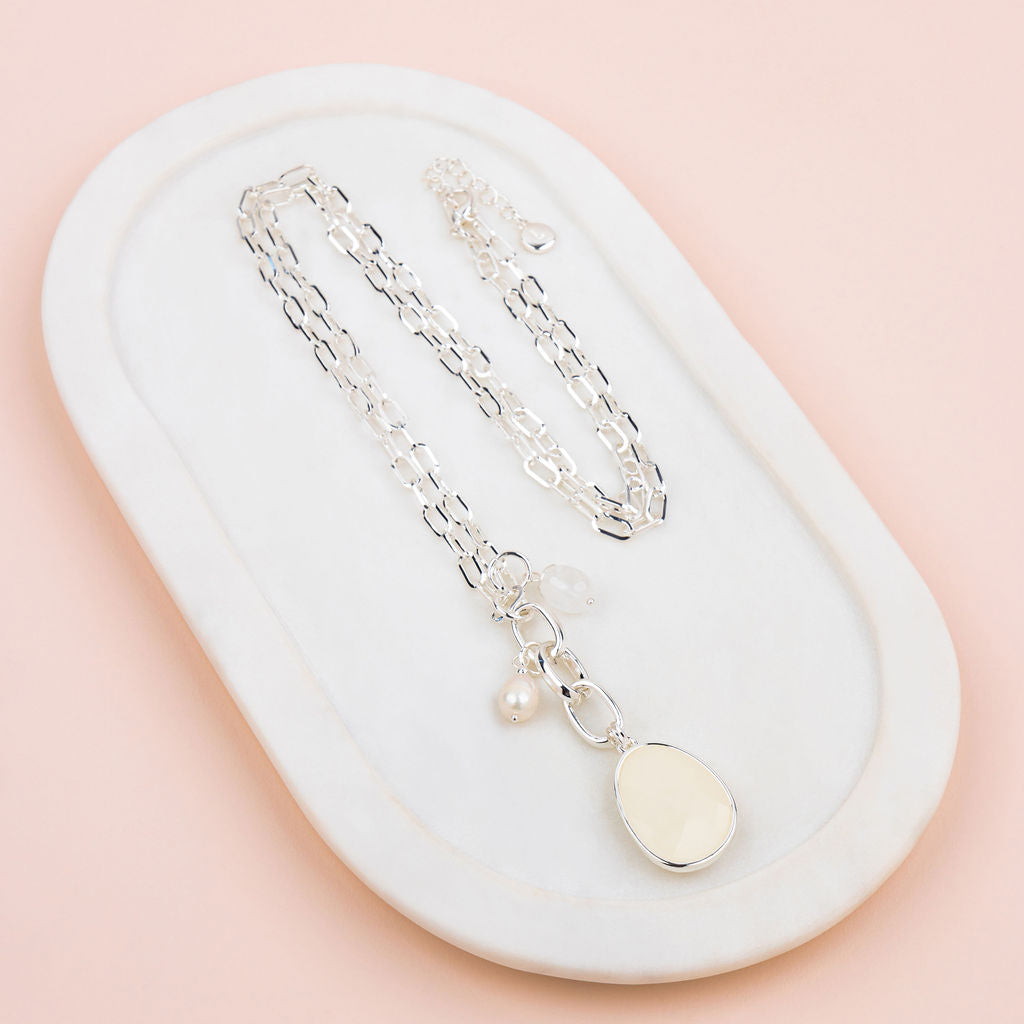 Silver & White Pendant & Pearl Long Necklace
