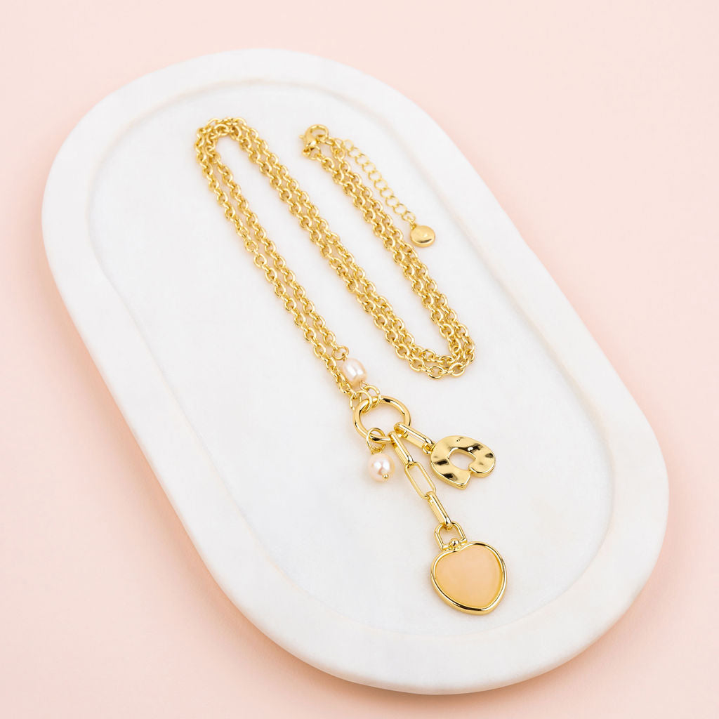 Yellow Gold & Peach Heart Charm Pendant Long Necklace
