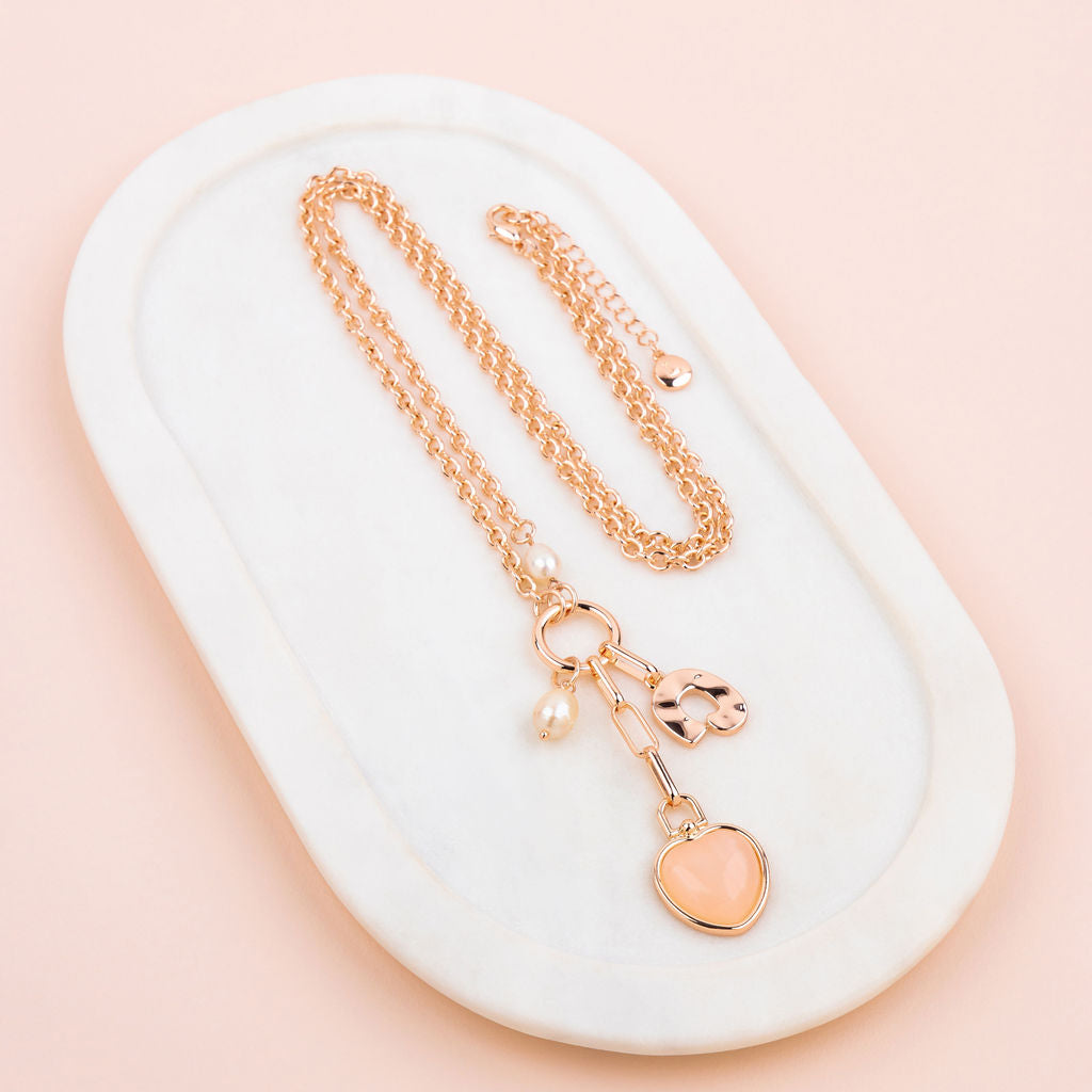 Rose Gold & Pink Heart Charm Pendant Long Necklace