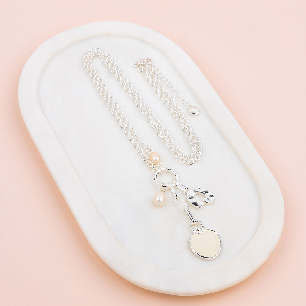 Silver & Cream Heart Charm Pendant Long Necklace