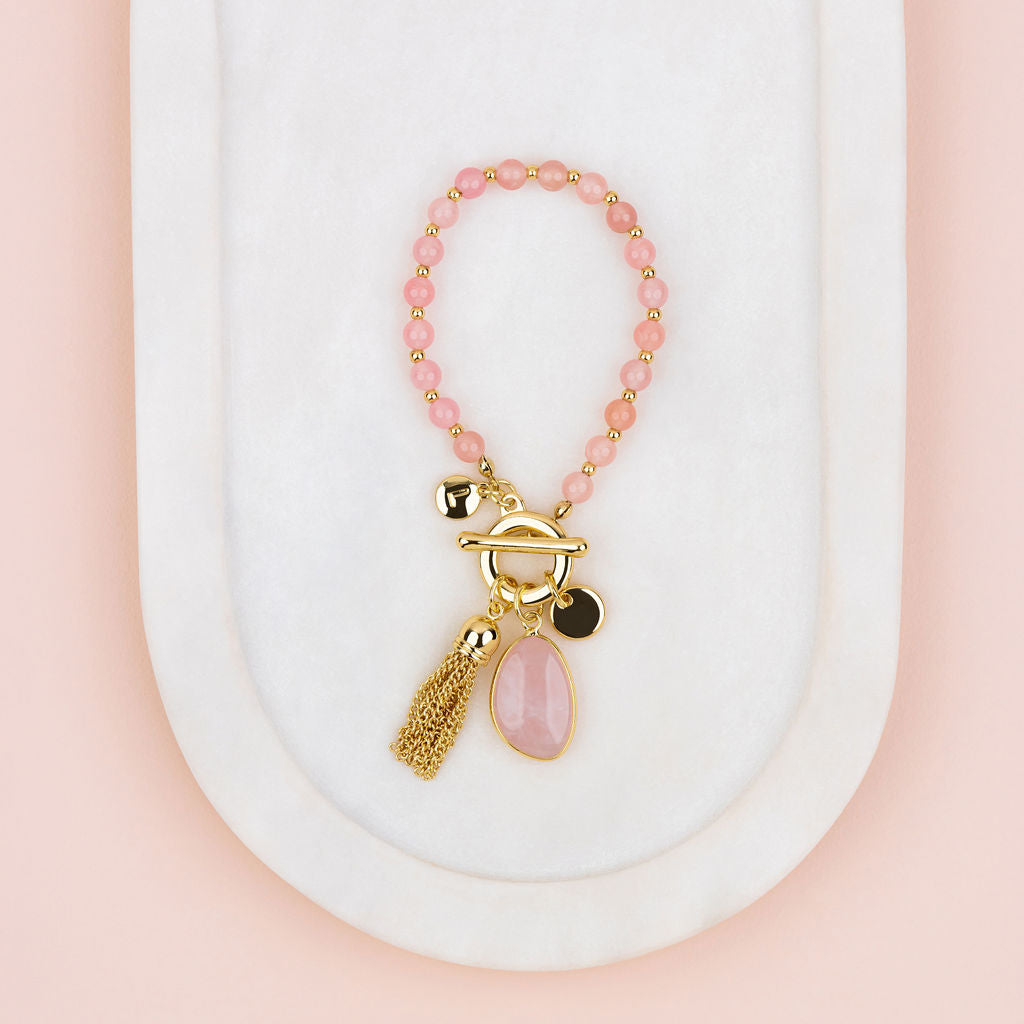 Yellow Gold Tassel on Rose Quartz Stone Bracelet