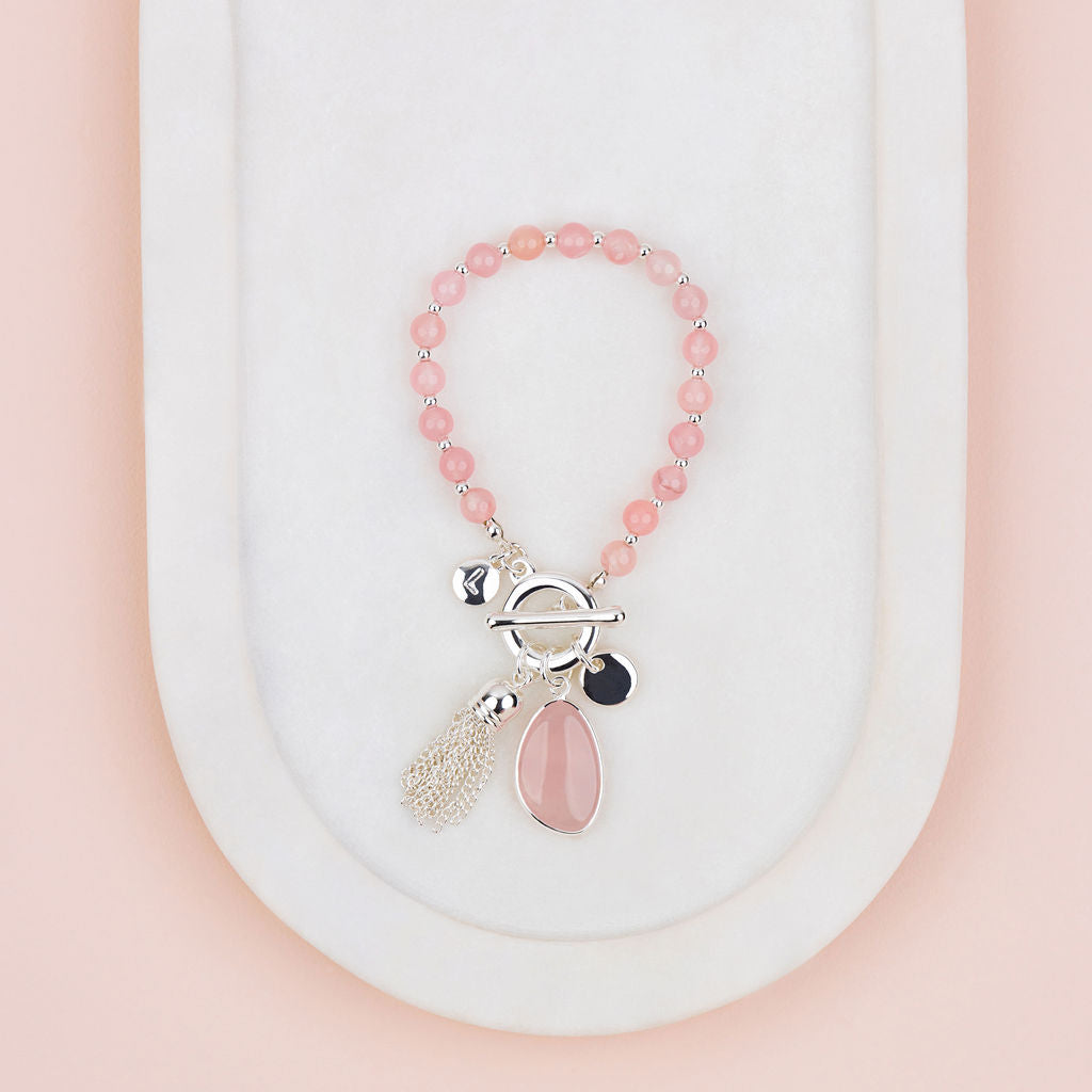 Silver Gold Tassel on Rose Quartz Stone Bracelet