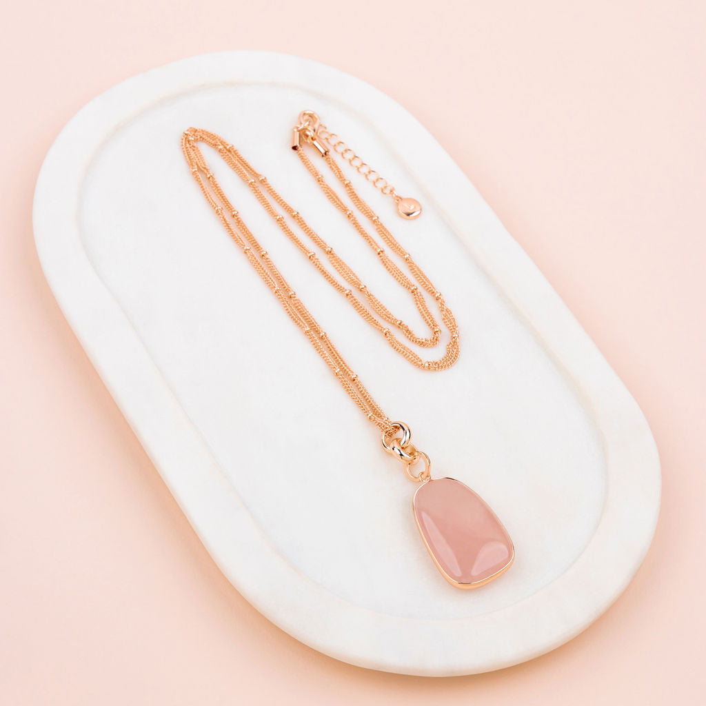 Rose Gold Rose Quartz Pendant Long Necklace