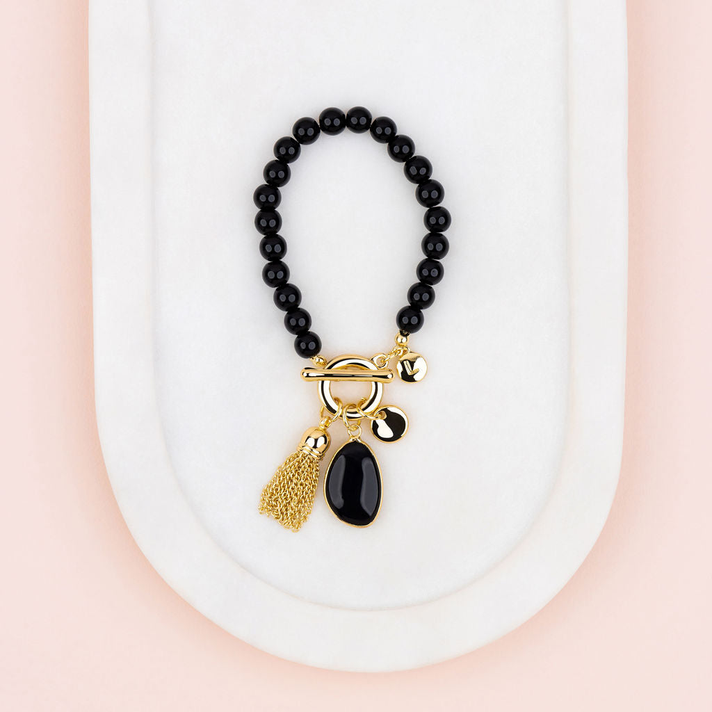 Yellow Gold Tassel on Black Quartz Stone Bracelet