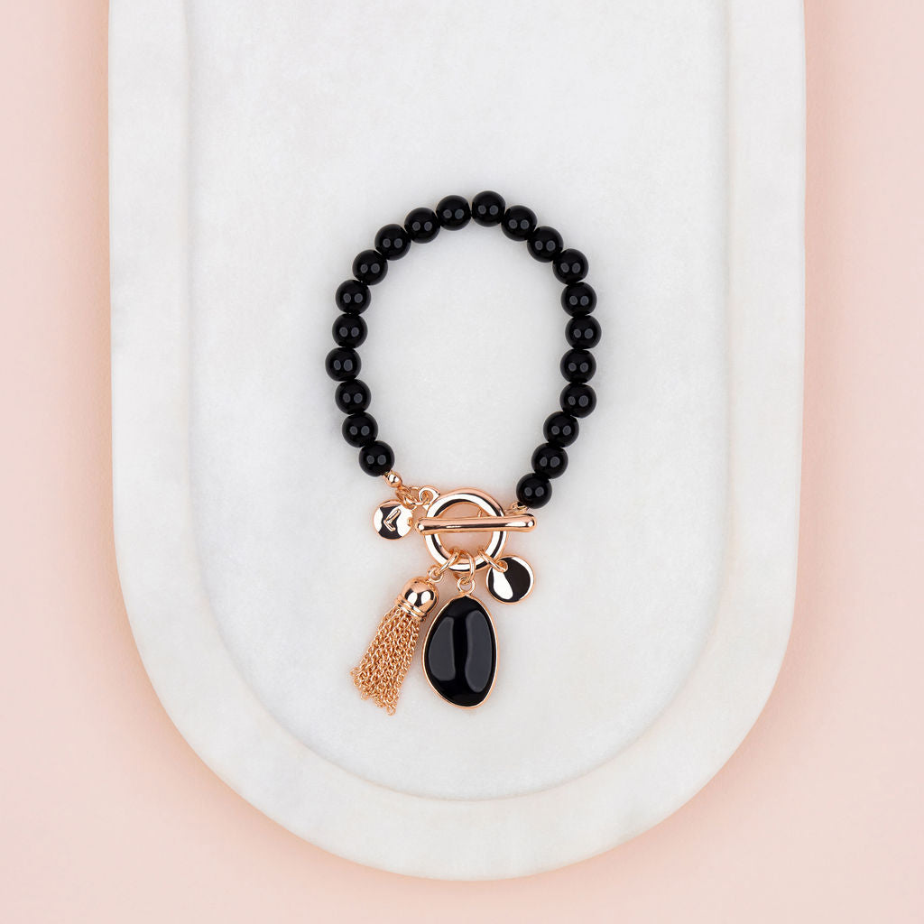 Rose Gold Tassel on Black Quartz Stone Bracelet
