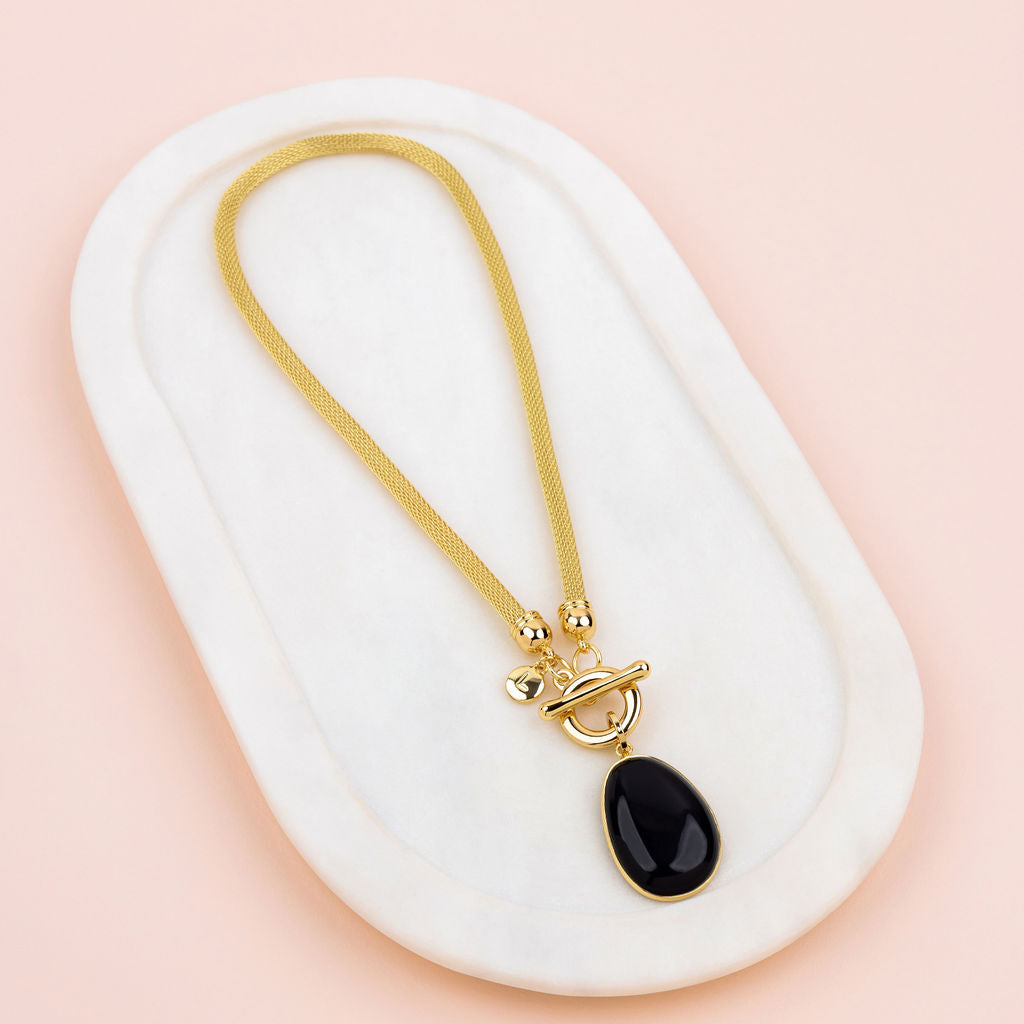 SHORT | Yellow Gold Mess Chain with Black Quartz Necklace