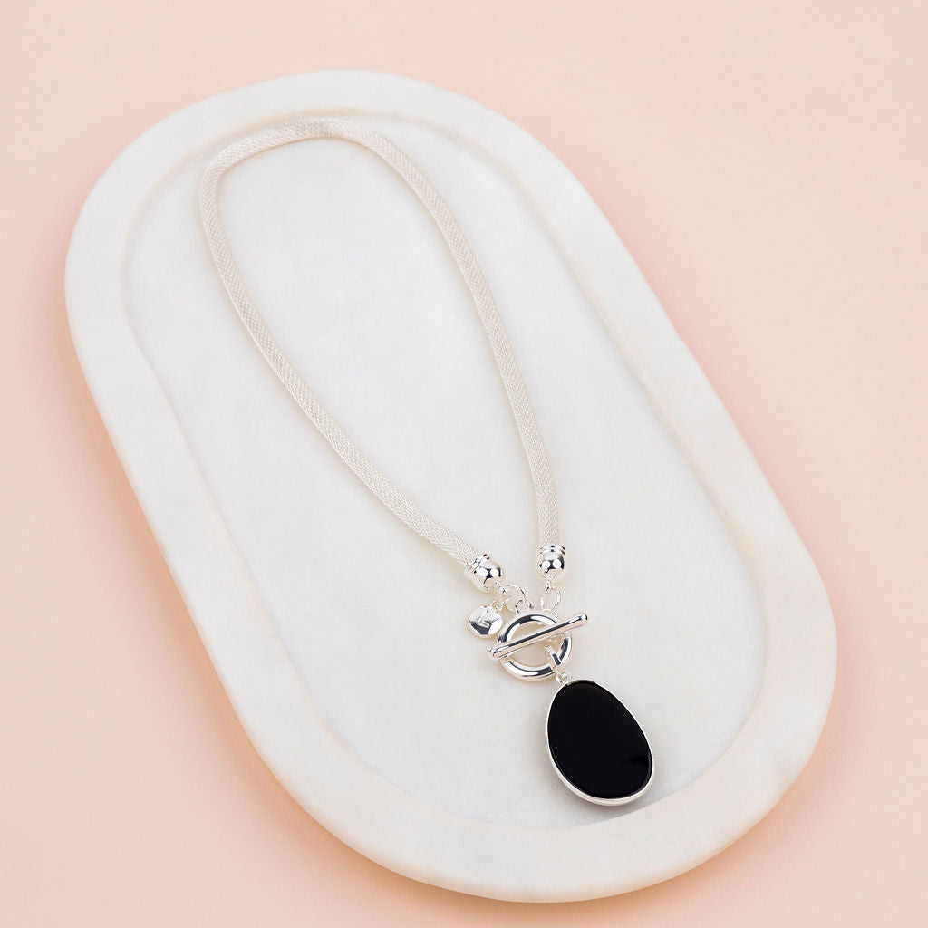 SHORT | Silver Mess Chain with Black Quartz Necklace