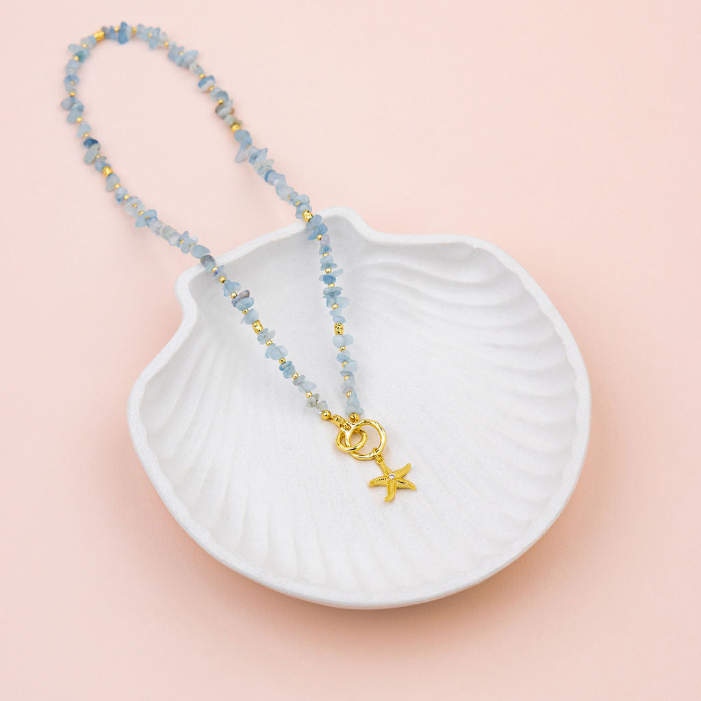 Starfish 14K Gold Plating with Aquamarine Stone Short Necklace