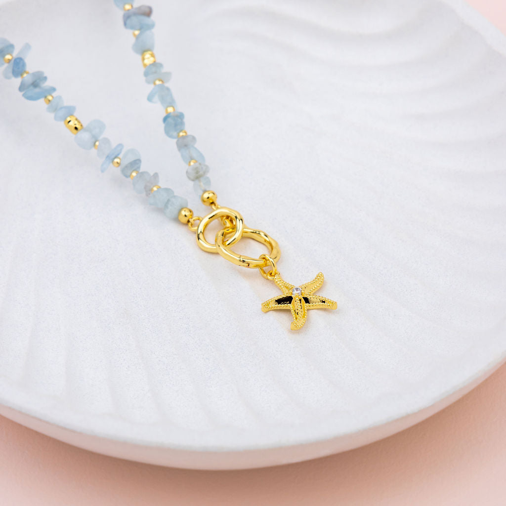Starfish 14K Gold Plating with Aquamarine Stone Short Necklace