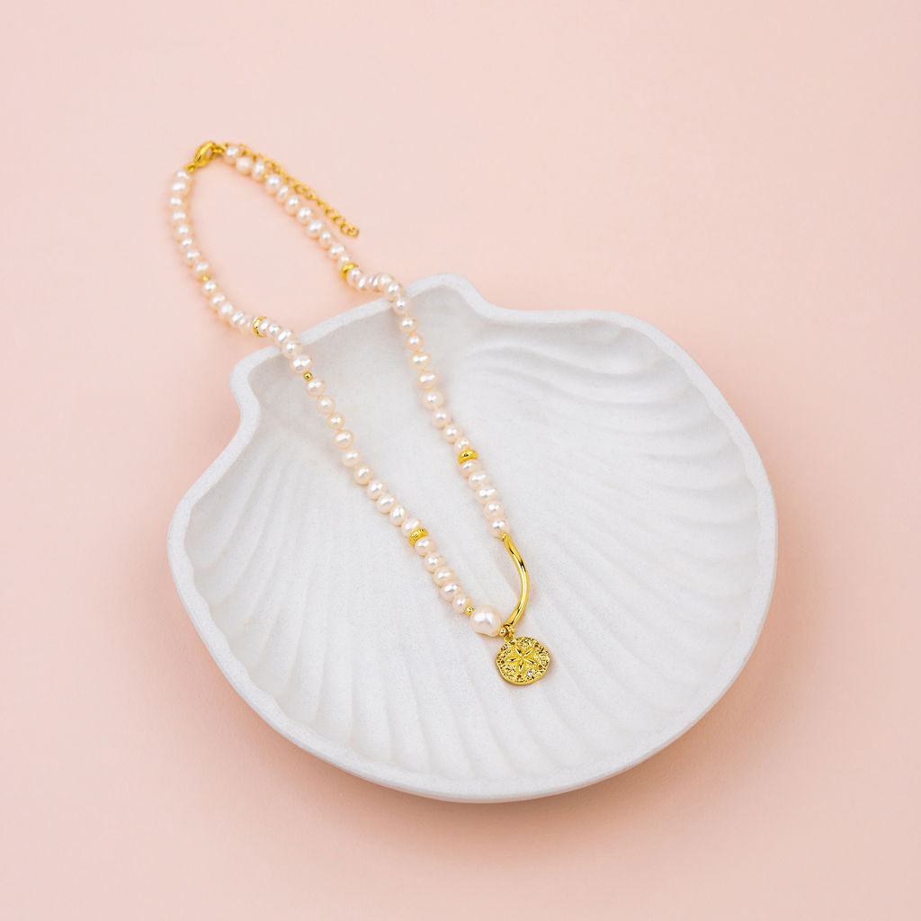 Starfish Pendant 14K Gold on Pearl Chain Short Necklace