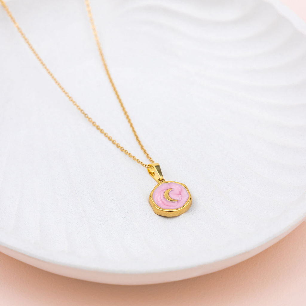 SHORT | Pink Enamel with Gold Moon Pendant Necklace