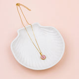 SHORT | Pink Enamel with Gold Moon Pendant Necklace