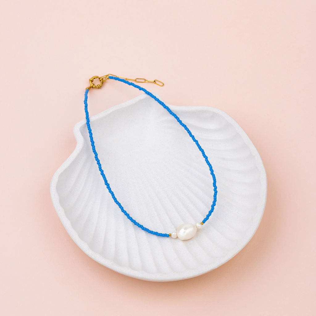 SHORT | Blue Fine Beads with Fresh Water Pearl Necklace