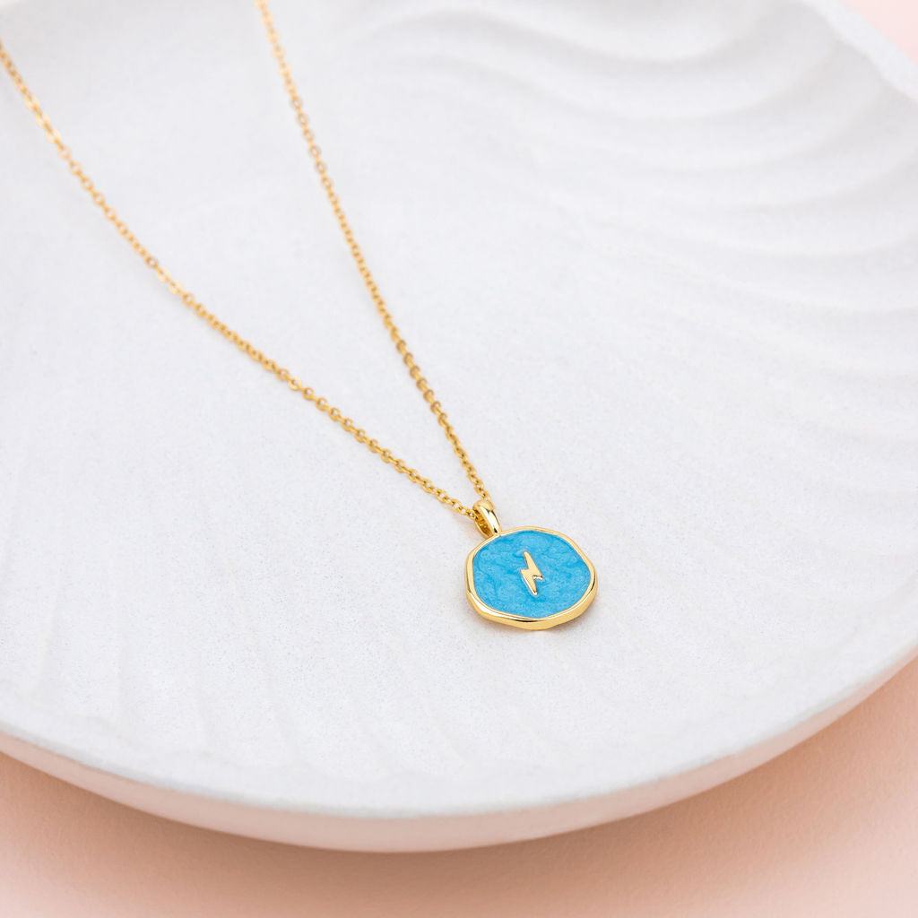 SHORT | Blue Enamel with Gold Lightening Pendant Necklace