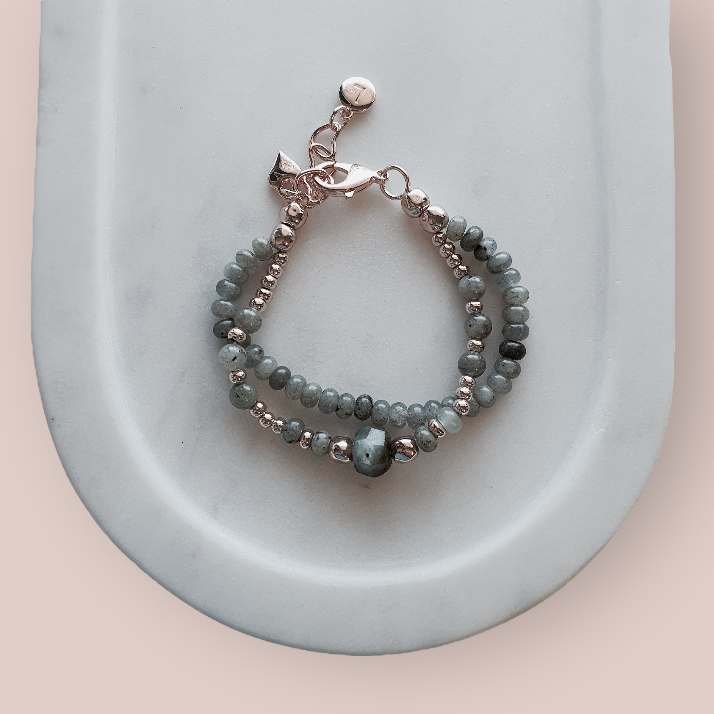 Grey Quartz 2 Strand with Rose Gold Heart Bracelet