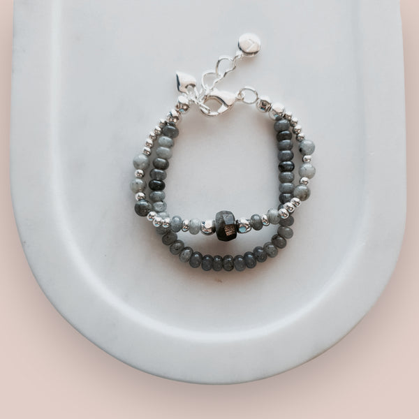 2 Strand Grey Quartz with Silver Heart Bracelet