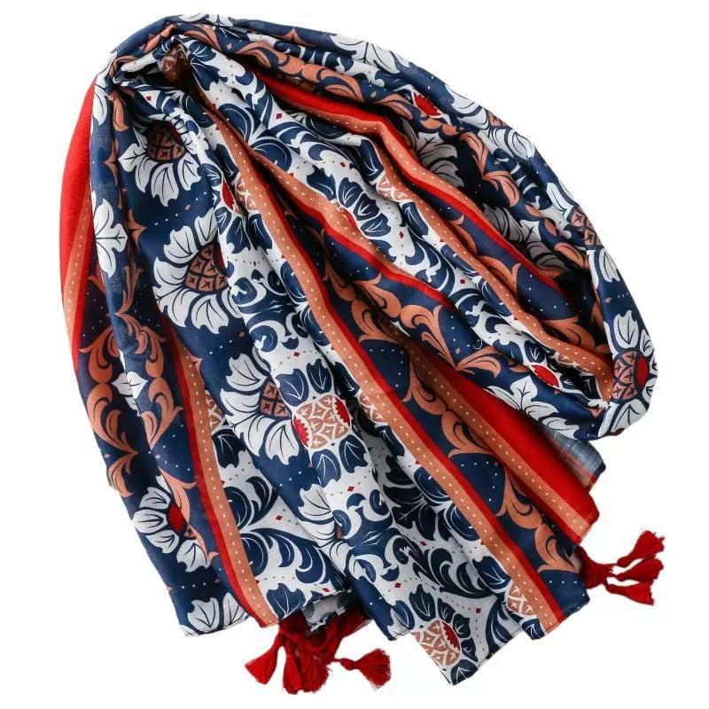Ladies |Red, Navy and White Flower Scarf