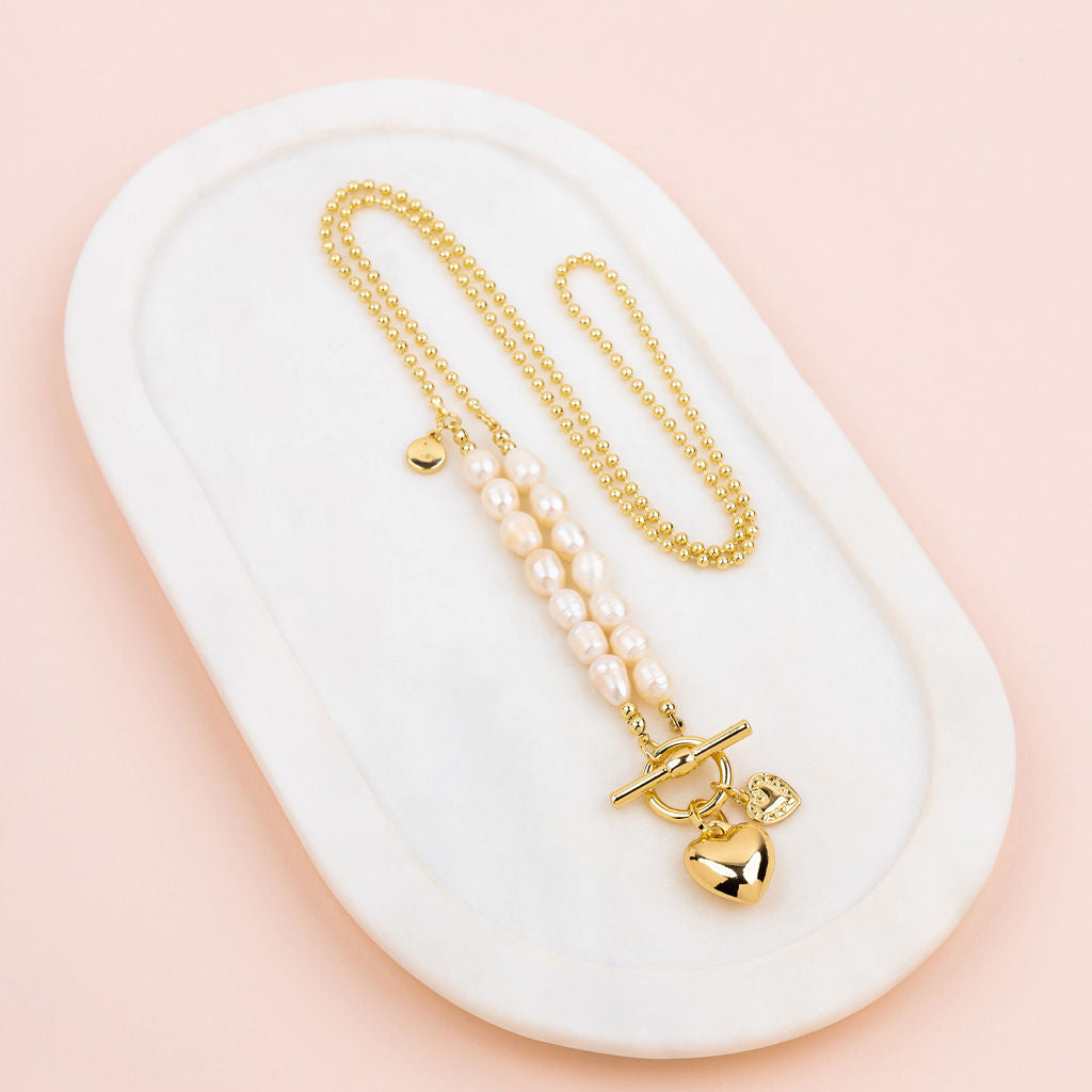 Yellow Gold & Fresh Water Pearl Love Heart Necklace