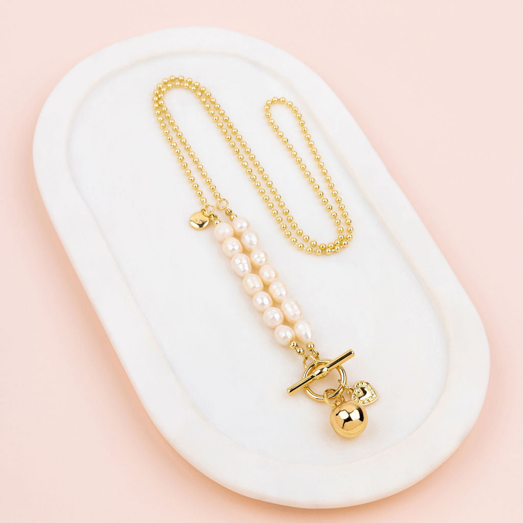 Yellow Gold & Fresh Water Pearl with Ball Pendant Necklace