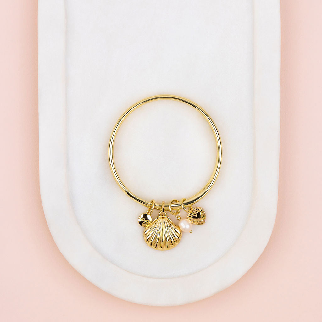 Yellow Gold Shell & Pearl Pendant Bangle