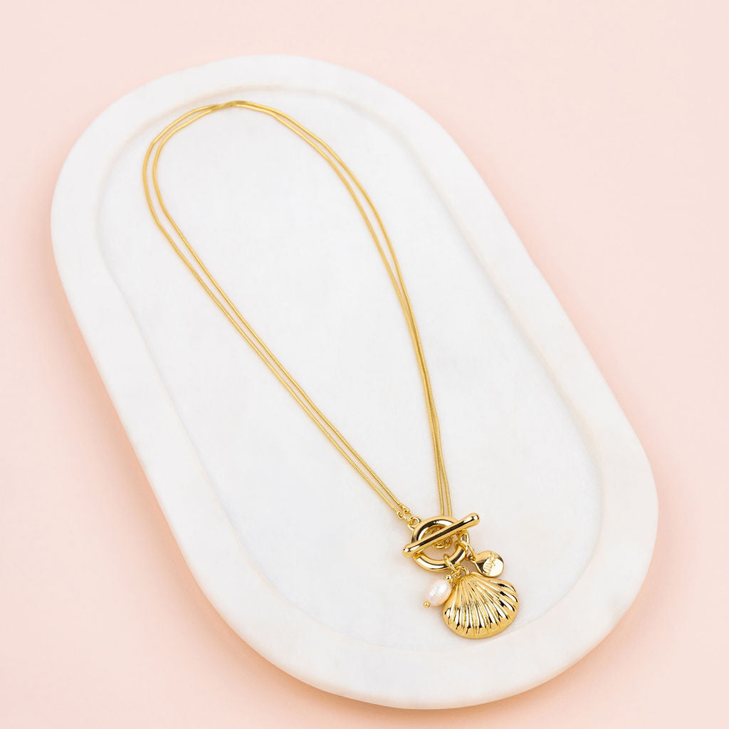 SHORT| LONG | Yellow Gold Shell & Pearl Pendant Necklace (Copy)