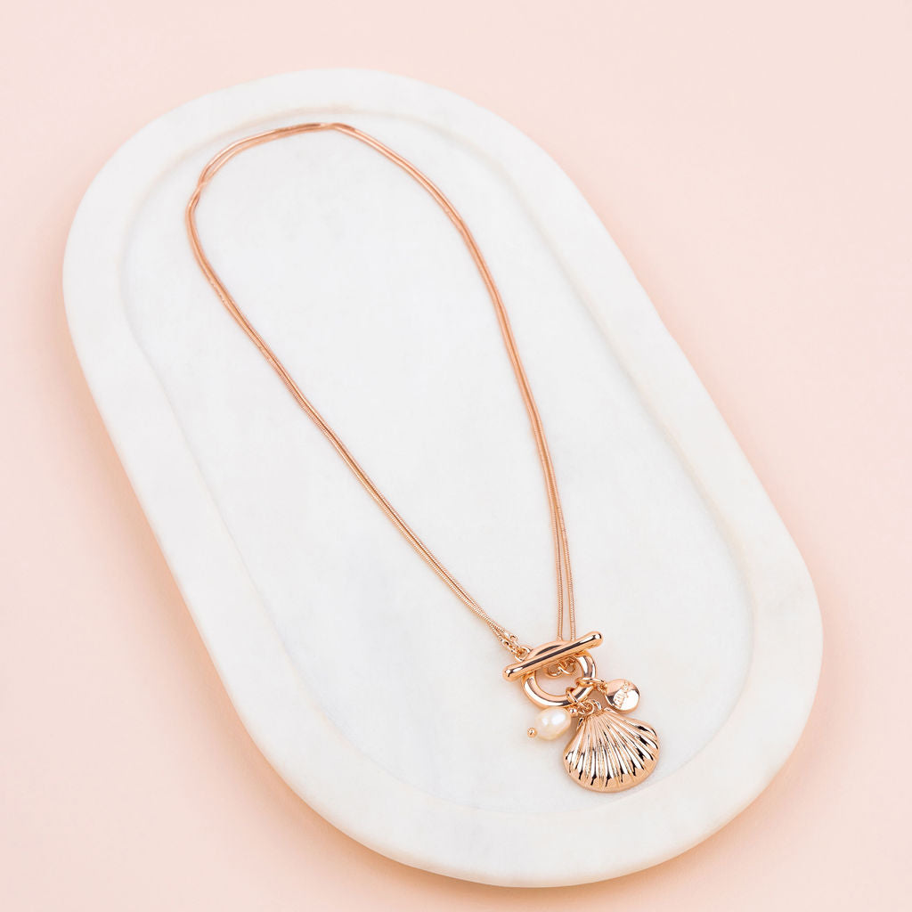 SHORT| LONG | Rose Gold Shell & Pearl Pendant Necklace