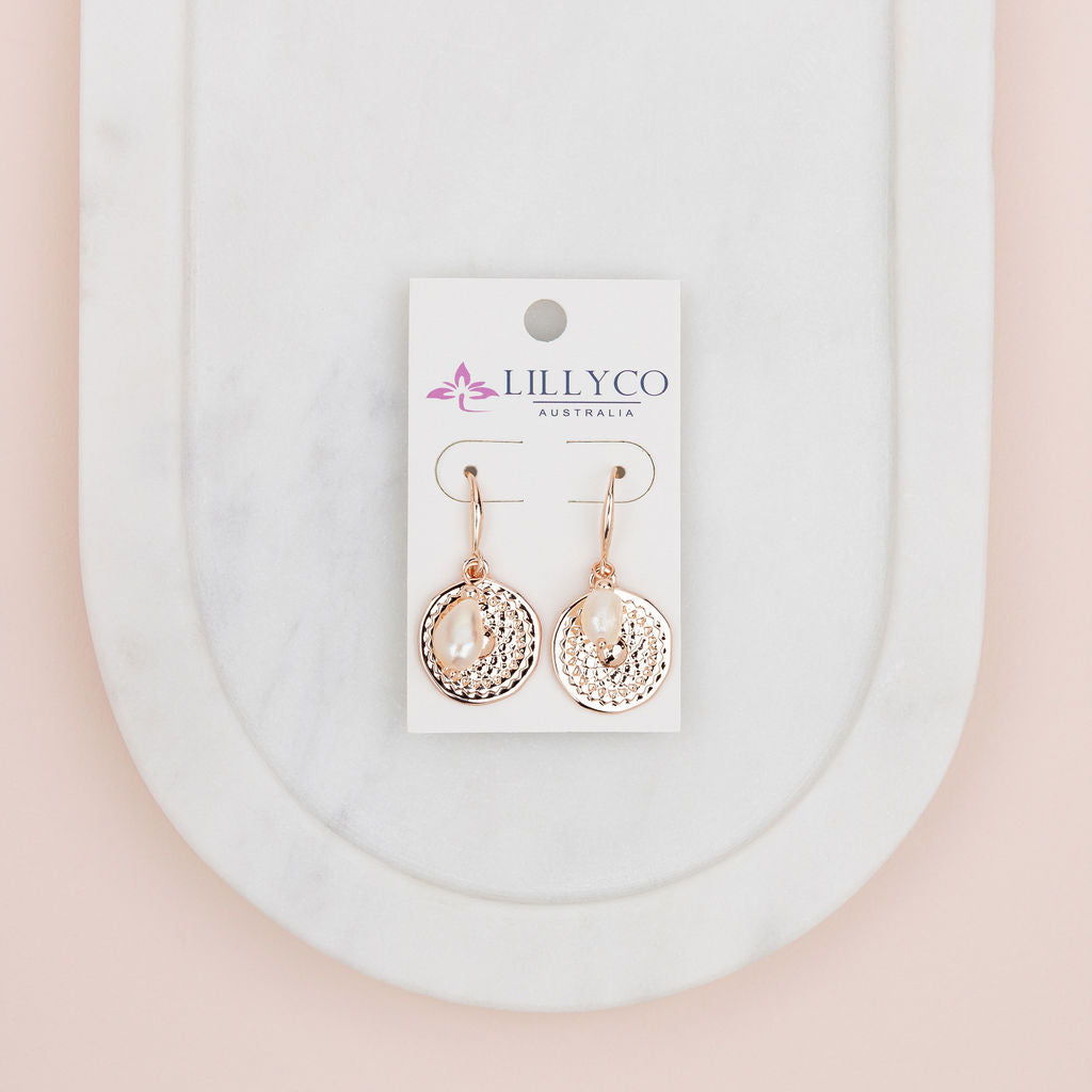 Rose Gold Pattern Circle & Pearl Earring