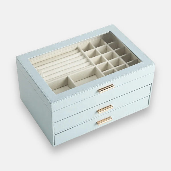 Large Baby Blue Clear Top Jewellery Box w Draws
