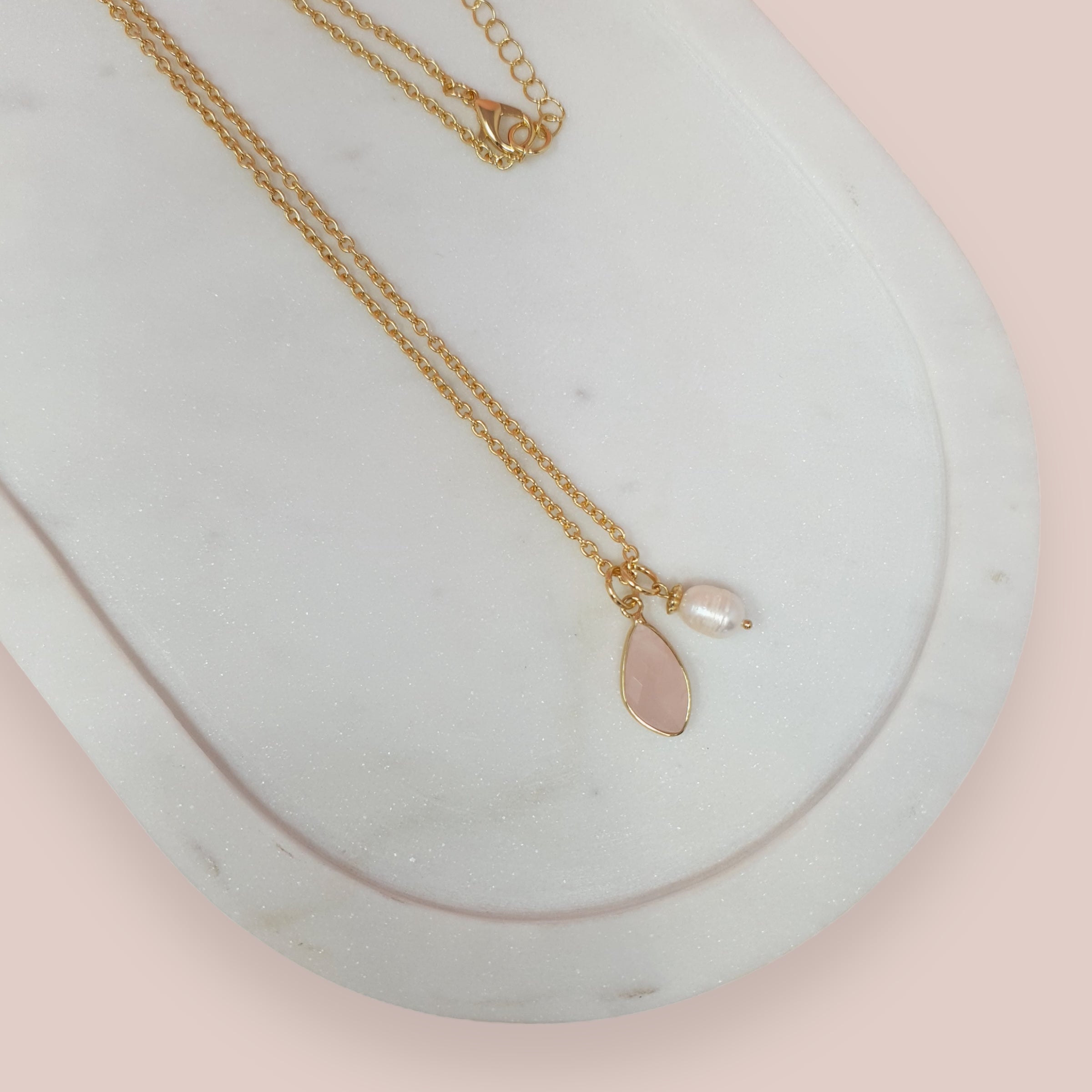 Light Gold Pink Stone + Pearl Long Necklace