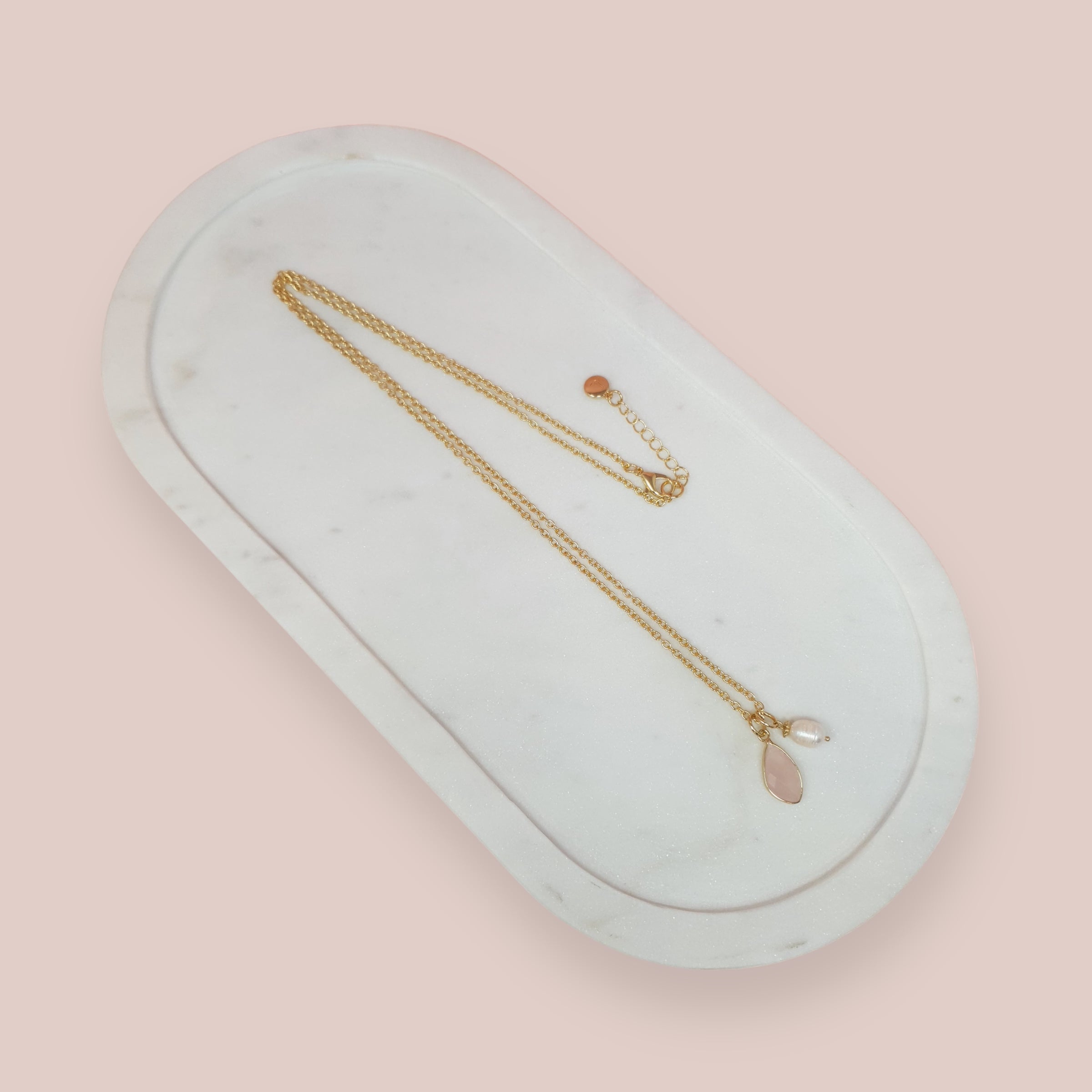 Light Gold Pink Stone + Pearl Long Necklace