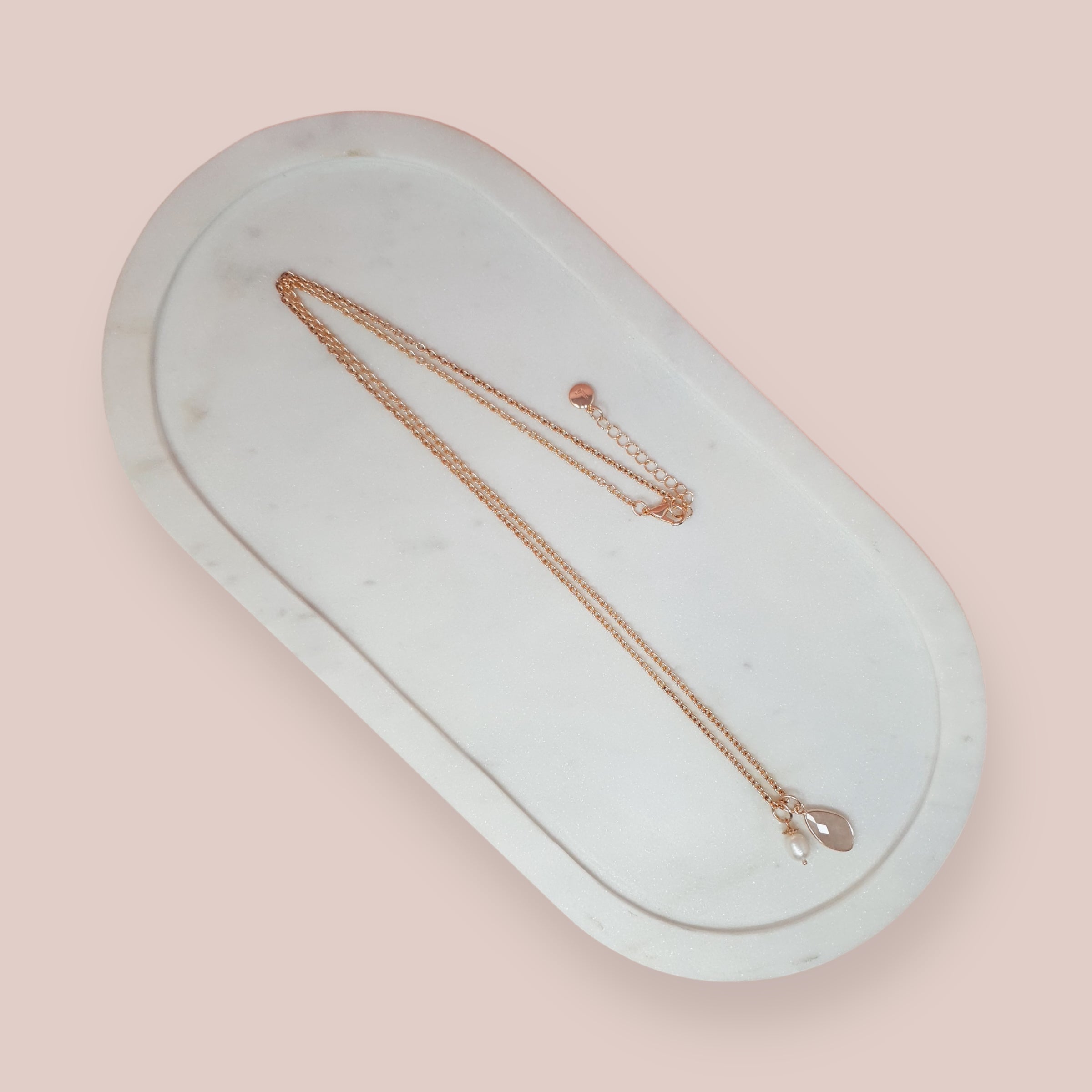 Rose Gold Pink Stone + Pearl Long Necklace