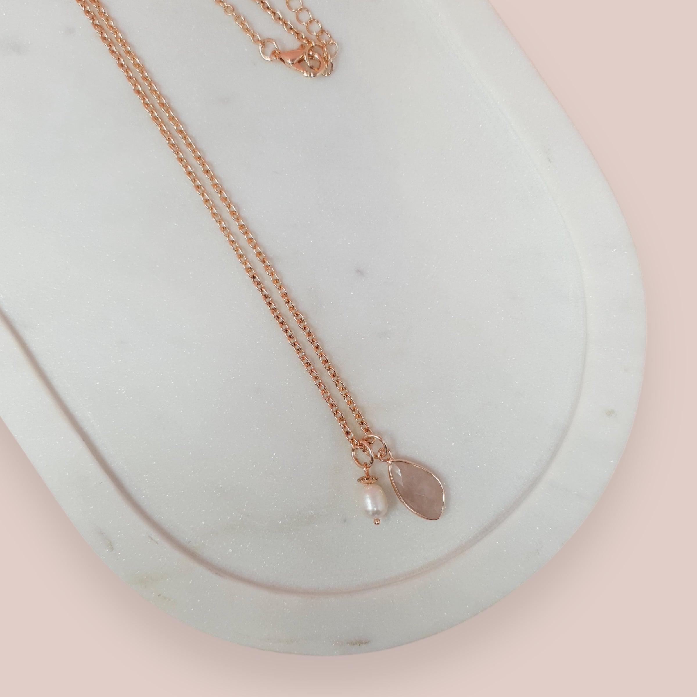 Rose Gold Pink Stone + Pearl Long Necklace