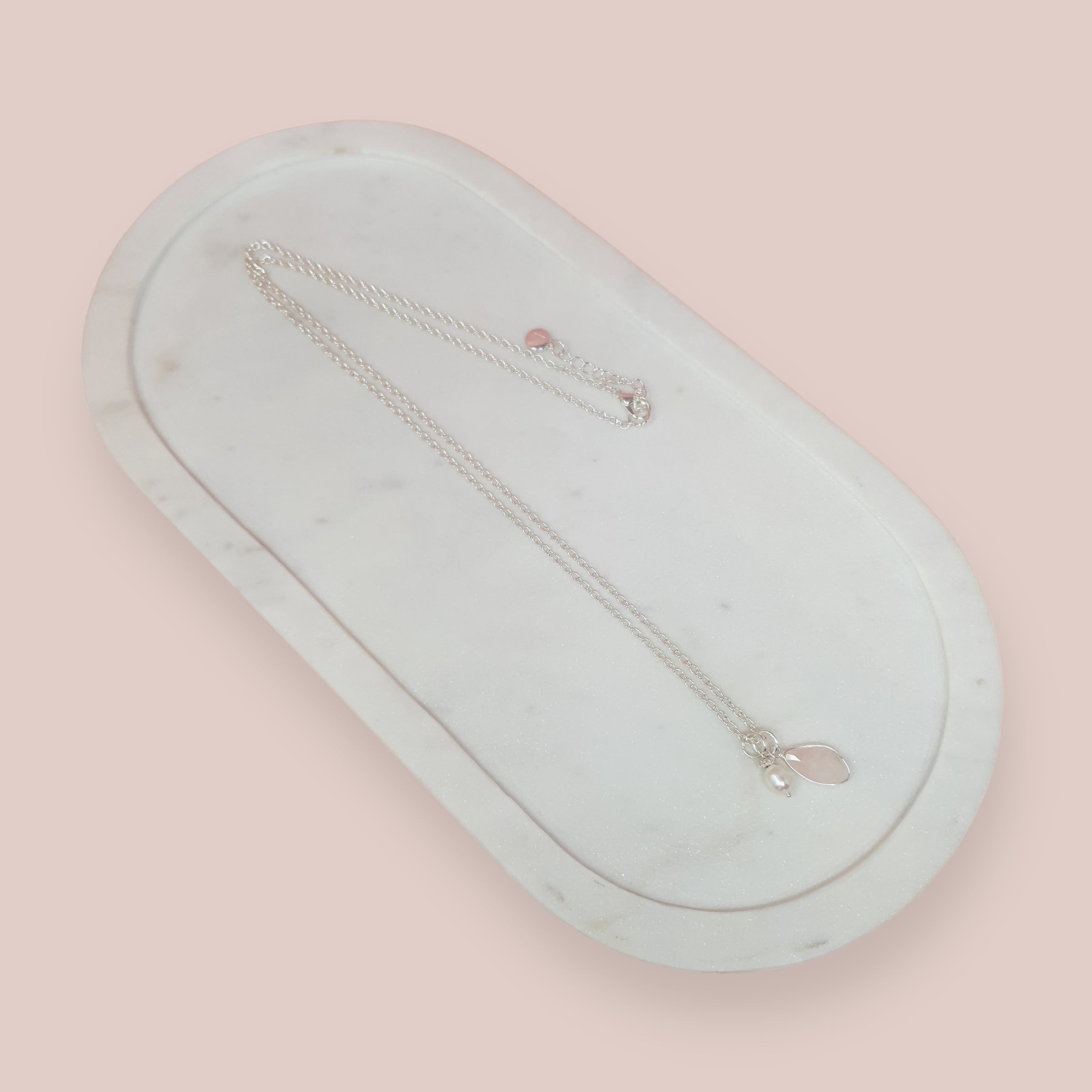 Silver Pink Stone + Pearl Long Necklace