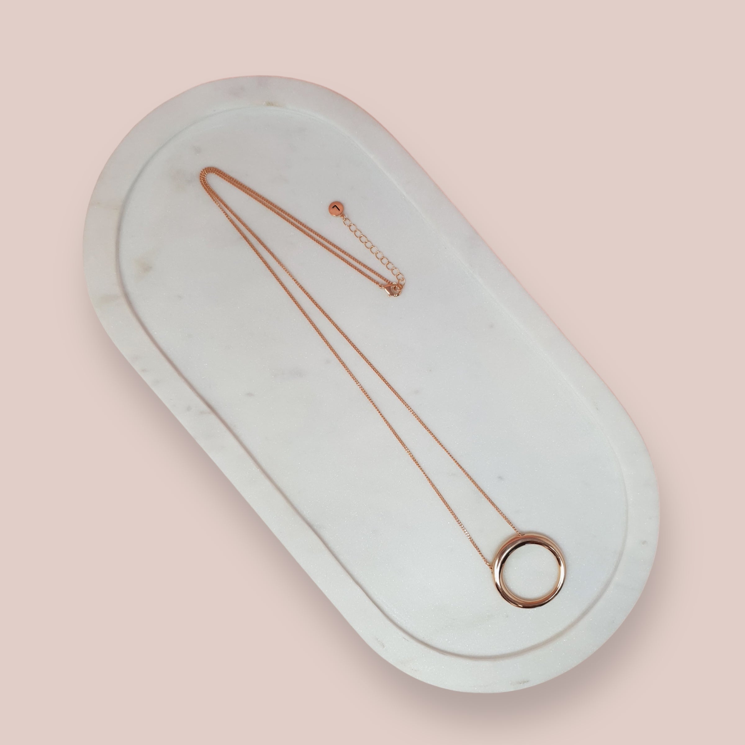 Rose Gold Fine Chain w Circle Pendant Long Necklace