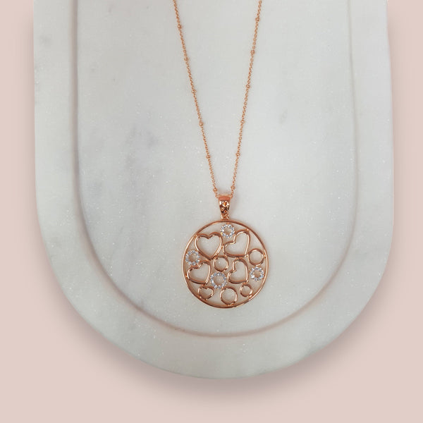 Rose Gold Circle of Hearts Pendant Long Necklace