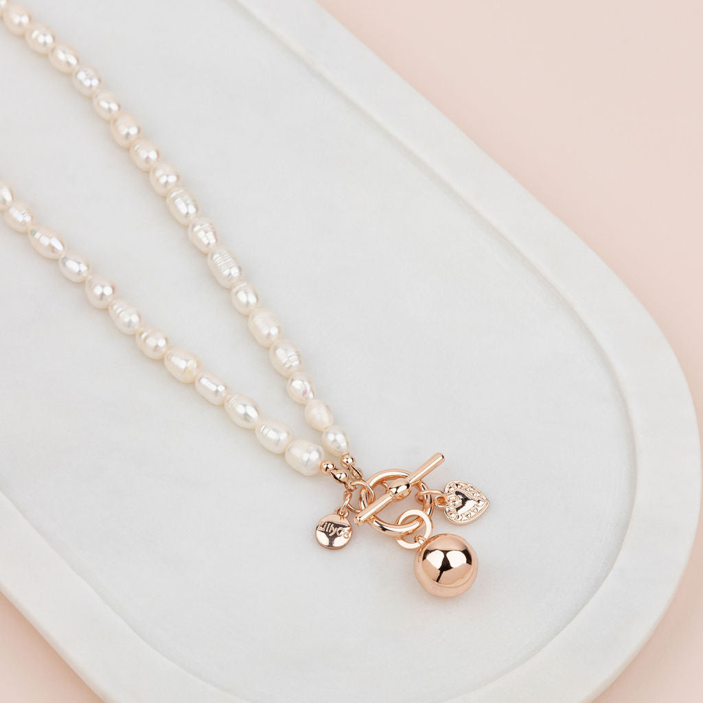 LIMITED EDITION | SHORT | Rose Gold Ball on Freshwater Pearls Necklace