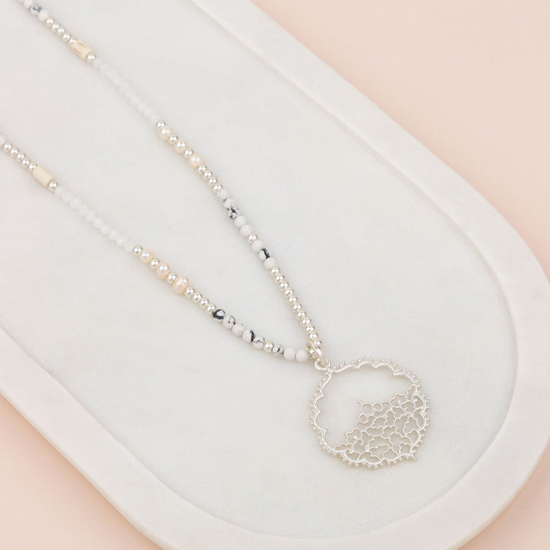 Silver Matt Bead & Lacey Pendant Necklace
