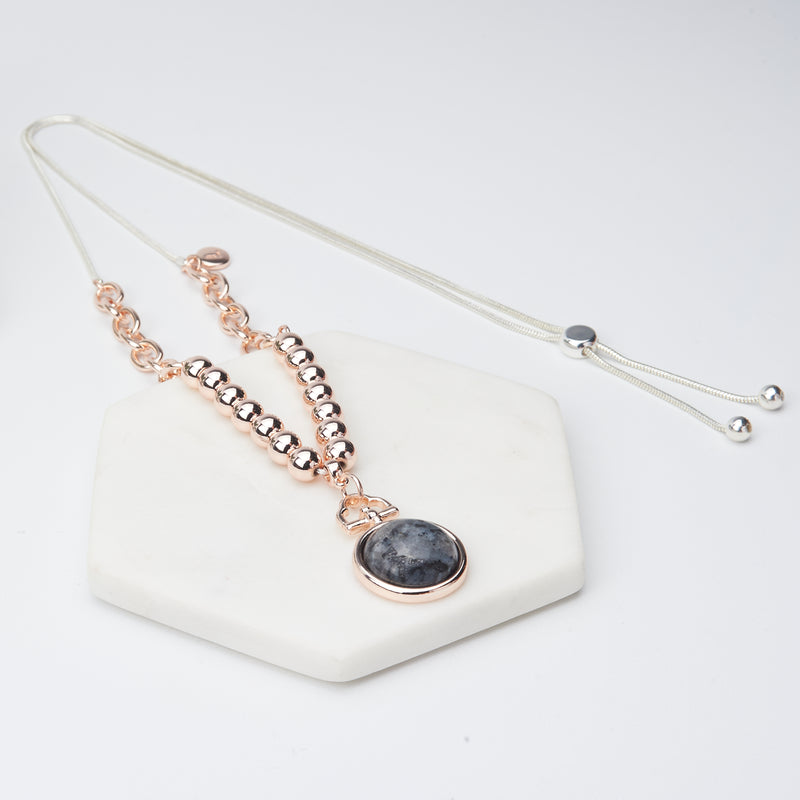 Adjustable Silver & Rose Gold Black Stone Necklace