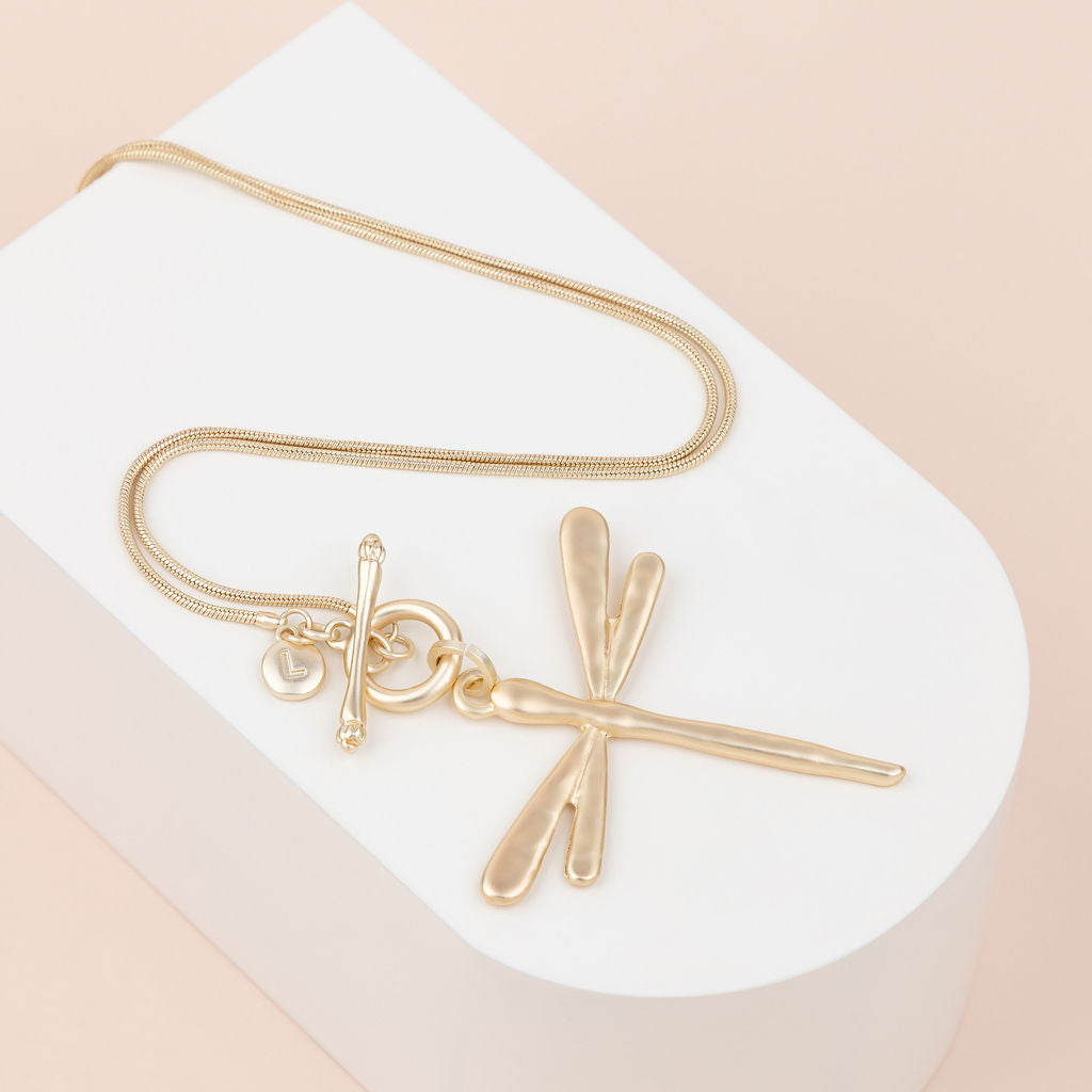 Light Gold Matt Large Dragonfly Pendant Necklace