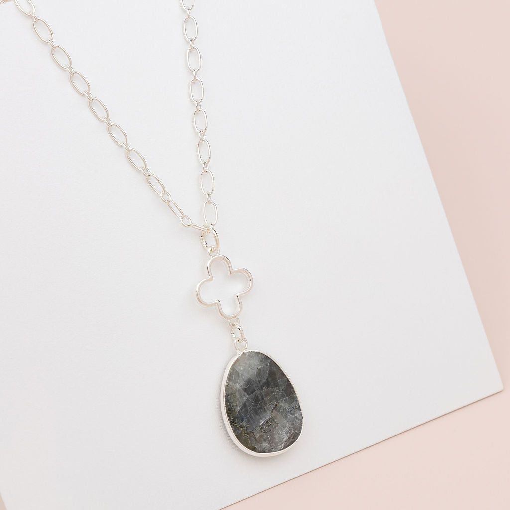 Grey Quartz Flower Pendant Long Necklace