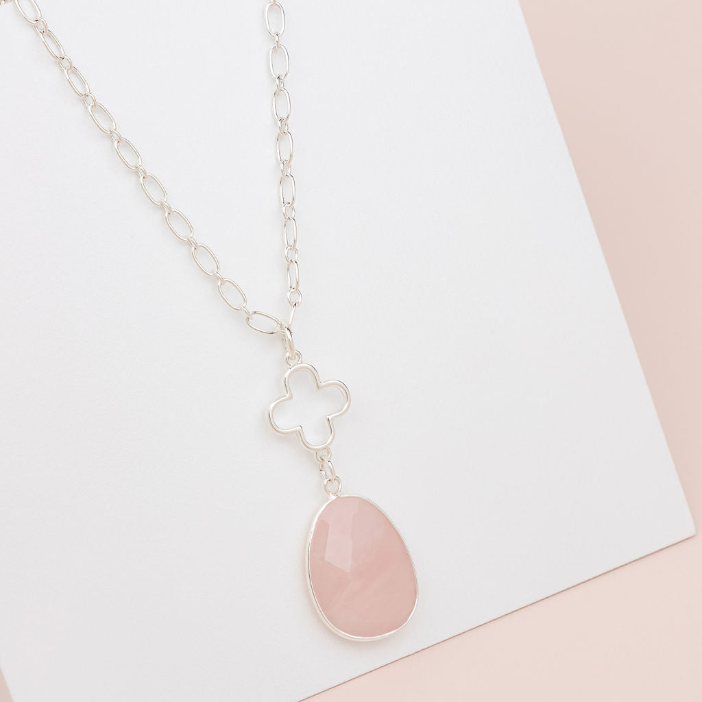 Rose Quartz Flower Pendant Long Necklace