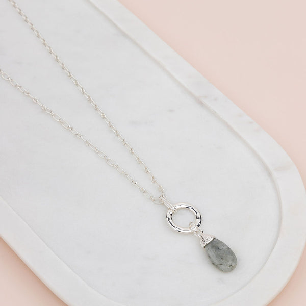 Silver Grey Stone & Ring Long Necklace