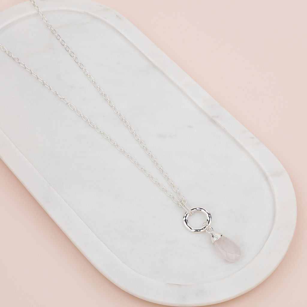Rose Quartz Pendant on Silver Long Necklace