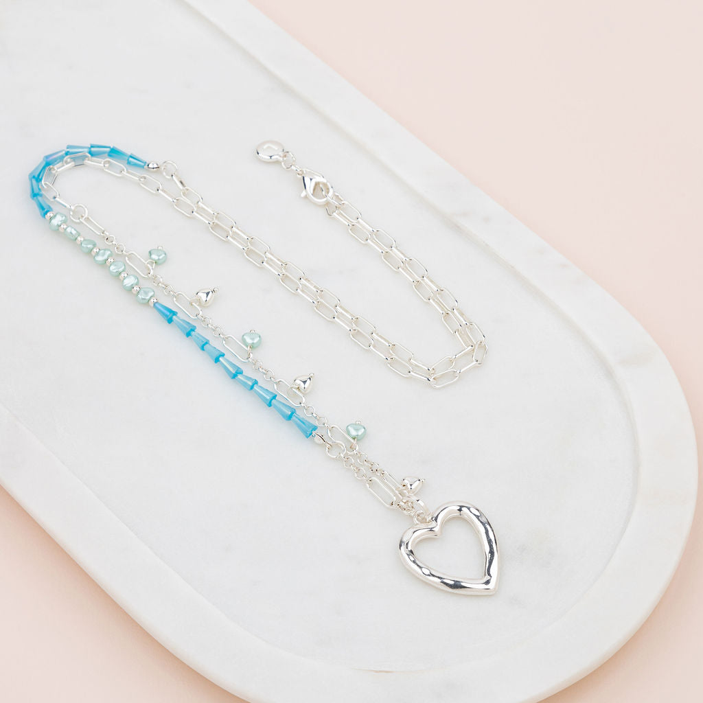 Silver Love Heart With Blue Bead Necklace