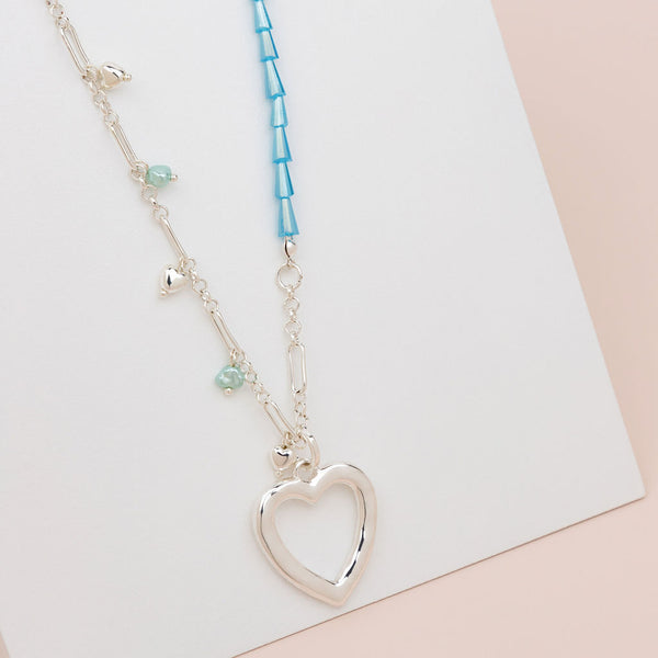 Silver Love Heart With Blue Bead Necklace